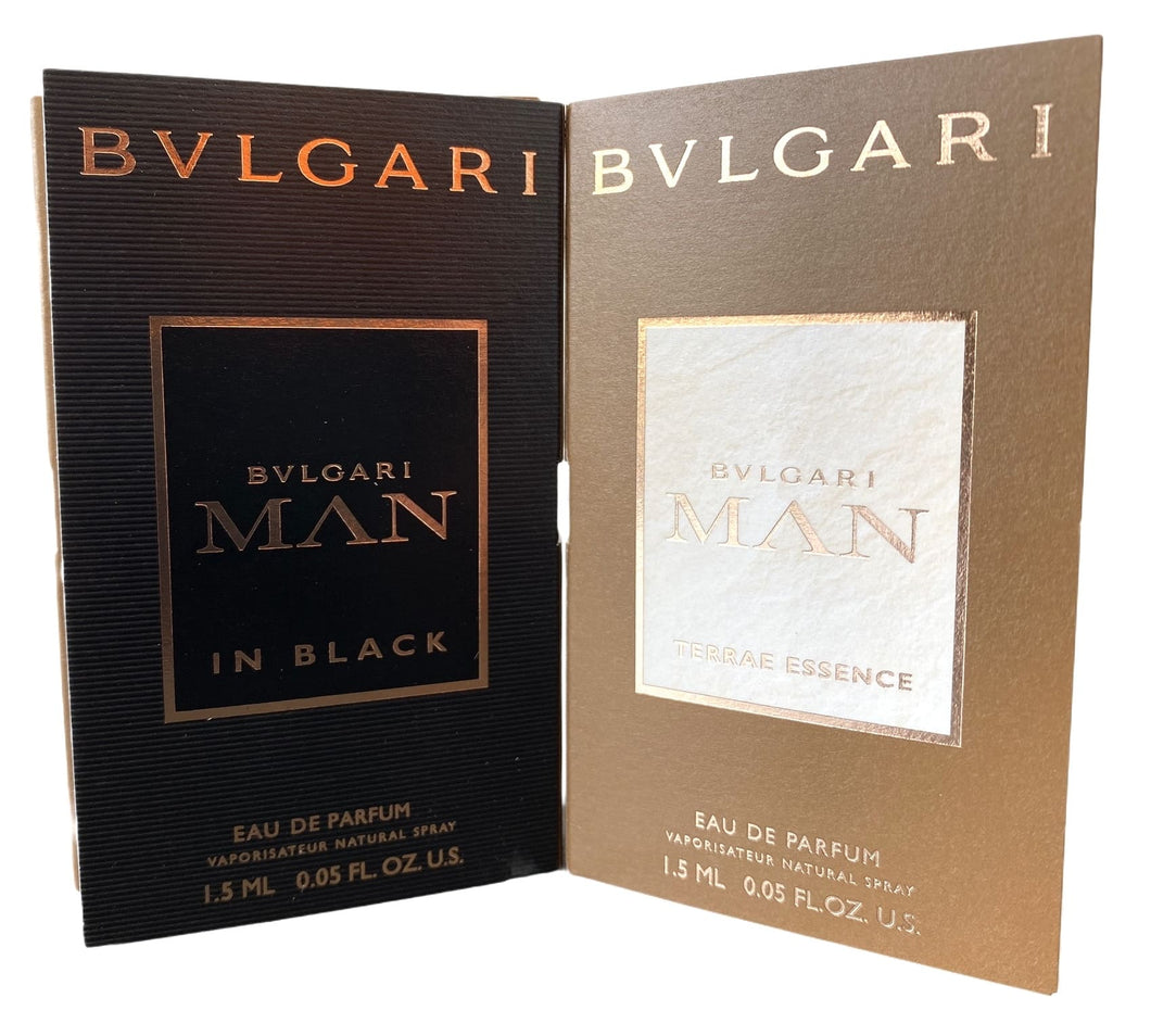 Kit com 2 Flaconetes 1,5ml – Bvlgari Man in Black e Terrae Essence Masculinas • EDP