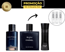 Carregar imagem no visualizador da galeria, Kit Masculino – Sauvage EDP 5ml + Bleu de Chanel EDP 5ml + Armani Code 5ml (3 x 5ml • Spray)
